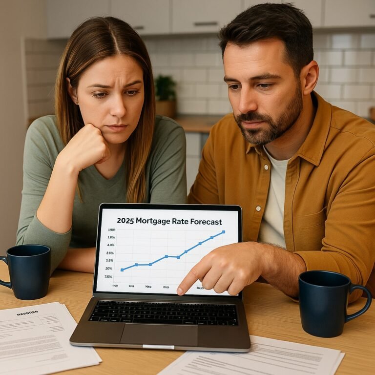 Canadian couple looking at a laptop screen with a 2025 mortgage rate forecast chart, surrounded by bills, documents, and coffee cups at their kitchen table.