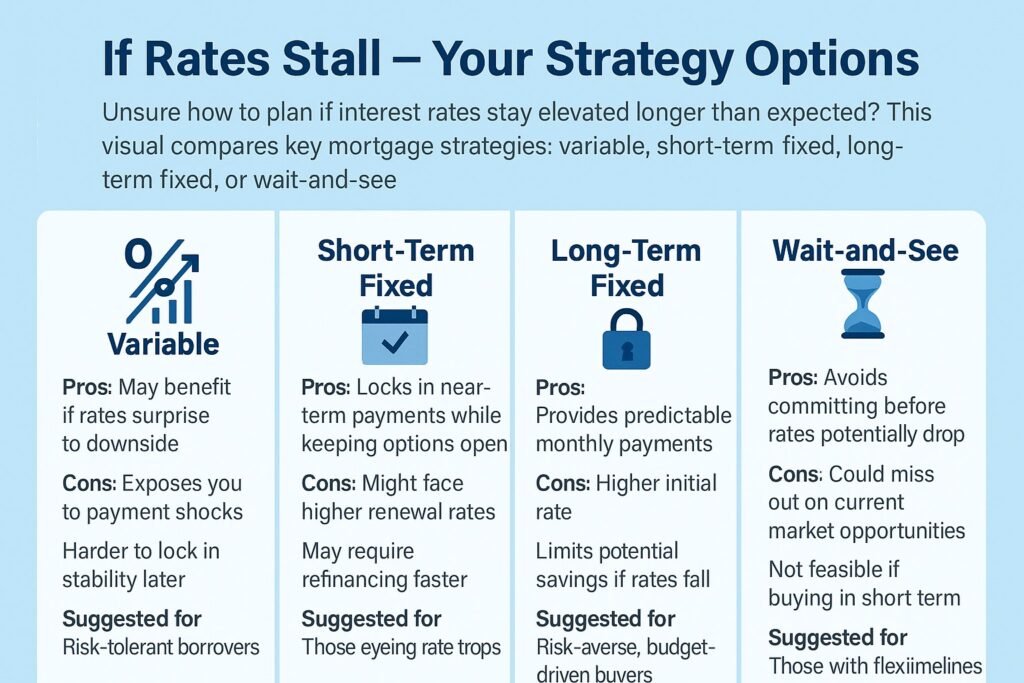 Infographic showing mortgage strategy options if rates stall in 2025