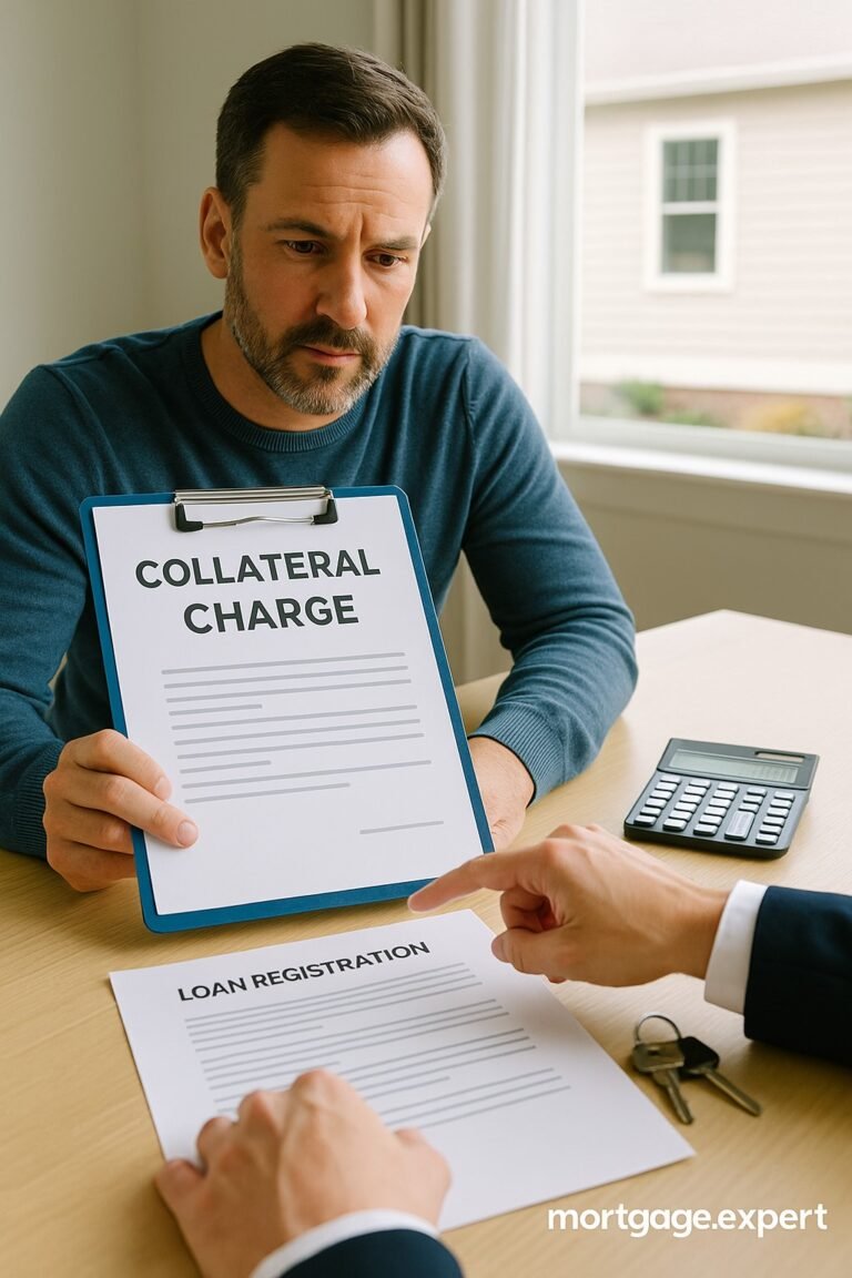 Canadian homebuyer in discussion with mortgage advisor, reviewing paperwork labeled ‘Collateral Charge’ with a home in the background.
