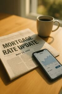 “Canadian newspaper and smartphone showing mortgage rate update for May 23, 2025 on a kitchen table.”