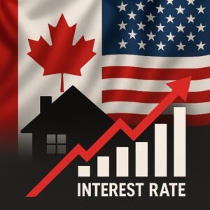 Canadian and U.S. flags behind rising interest rate chart and house silhouette
