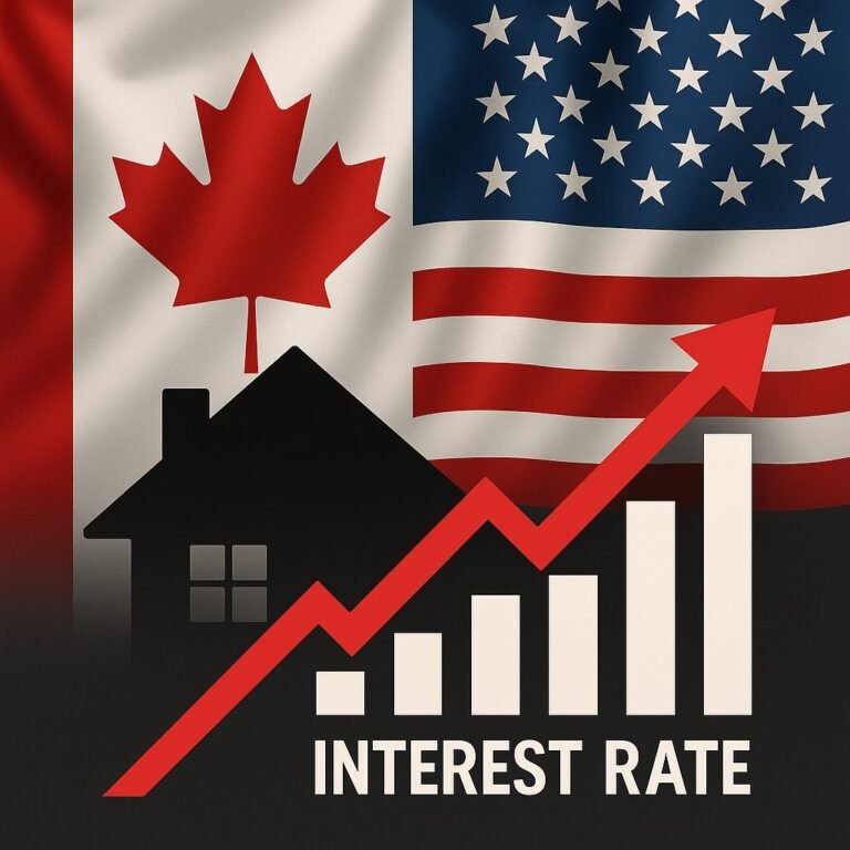 Canadian and U.S. flags behind rising interest rate chart and house silhouette
