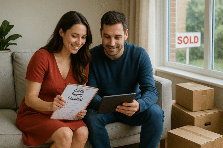 Smiling couple on couch reviewing a condo buying checklist and tablet, with moving boxes and “SOLD” sign visible through window.