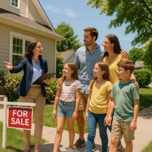 Canadian family touring a home with a real estate agent during summer 2025