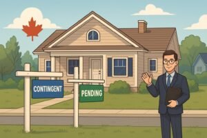 Illustration of a Canadian house with real estate status signs labeled ‘Contingent’ and ‘Pending’, highlighting home sale stages.