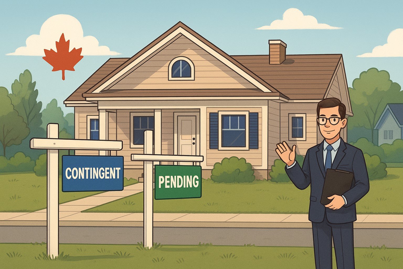 Illustration of a Canadian house with real estate status signs labeled ‘Contingent’ and ‘Pending’, highlighting home sale stages.
