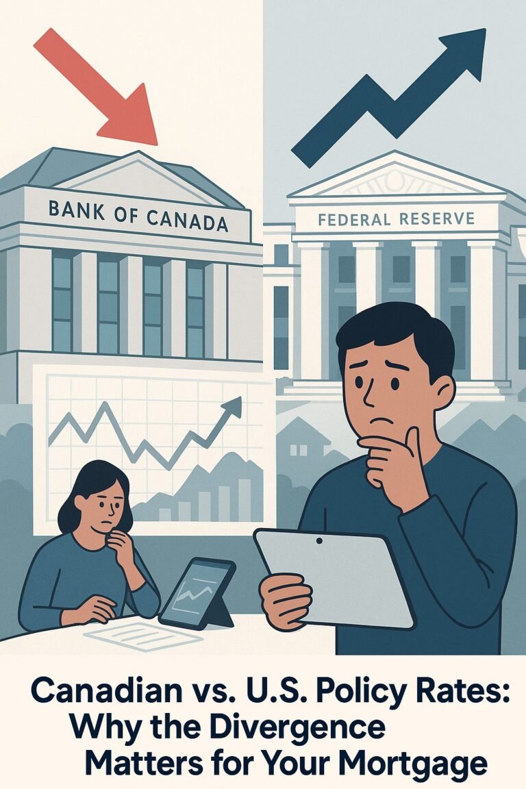 “Bank of Canada and U.S. Federal Reserve diverging with interest rate chart overlay — Canadian homebuyer in foreground symbolizing mortgage impact.”