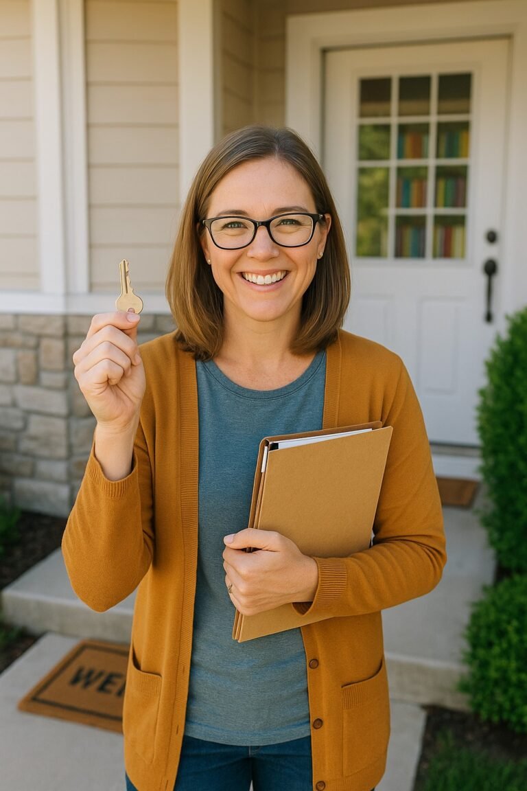 “Canadian teacher holding house key and clipboard outside new home — representing special home buying support programs for educators.”