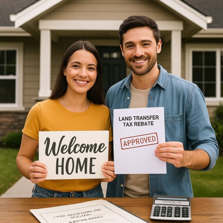 First-time buyers holding land transfer tax rebate document in front of new home