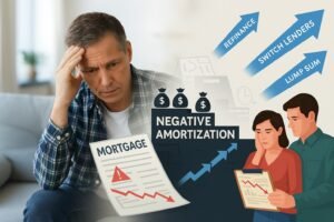 Illustration of a worried homeowner facing a rising staircase labeled negative amortization, with financial strategies as escape routes.