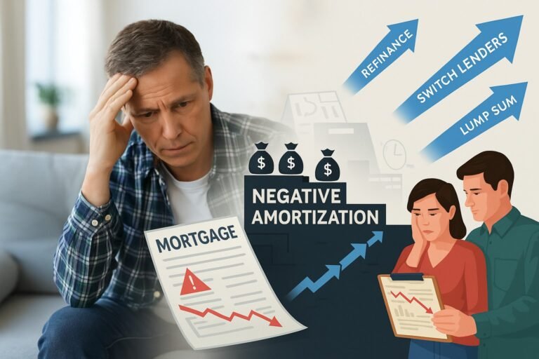 Illustration of a worried homeowner facing a rising staircase labeled negative amortization, with financial strategies as escape routes.