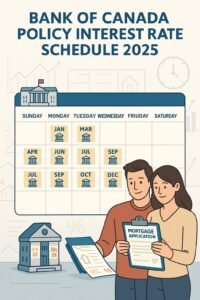 “Illustration of Bank of Canada rate announcement calendar for 2025 with homebuyers reviewing mortgage plans”