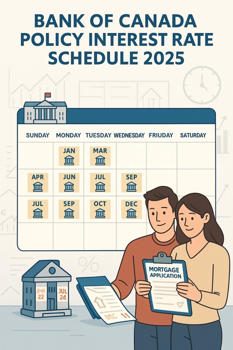 “Illustration of Bank of Canada rate announcement calendar for 2025 with homebuyers reviewing mortgage plans”