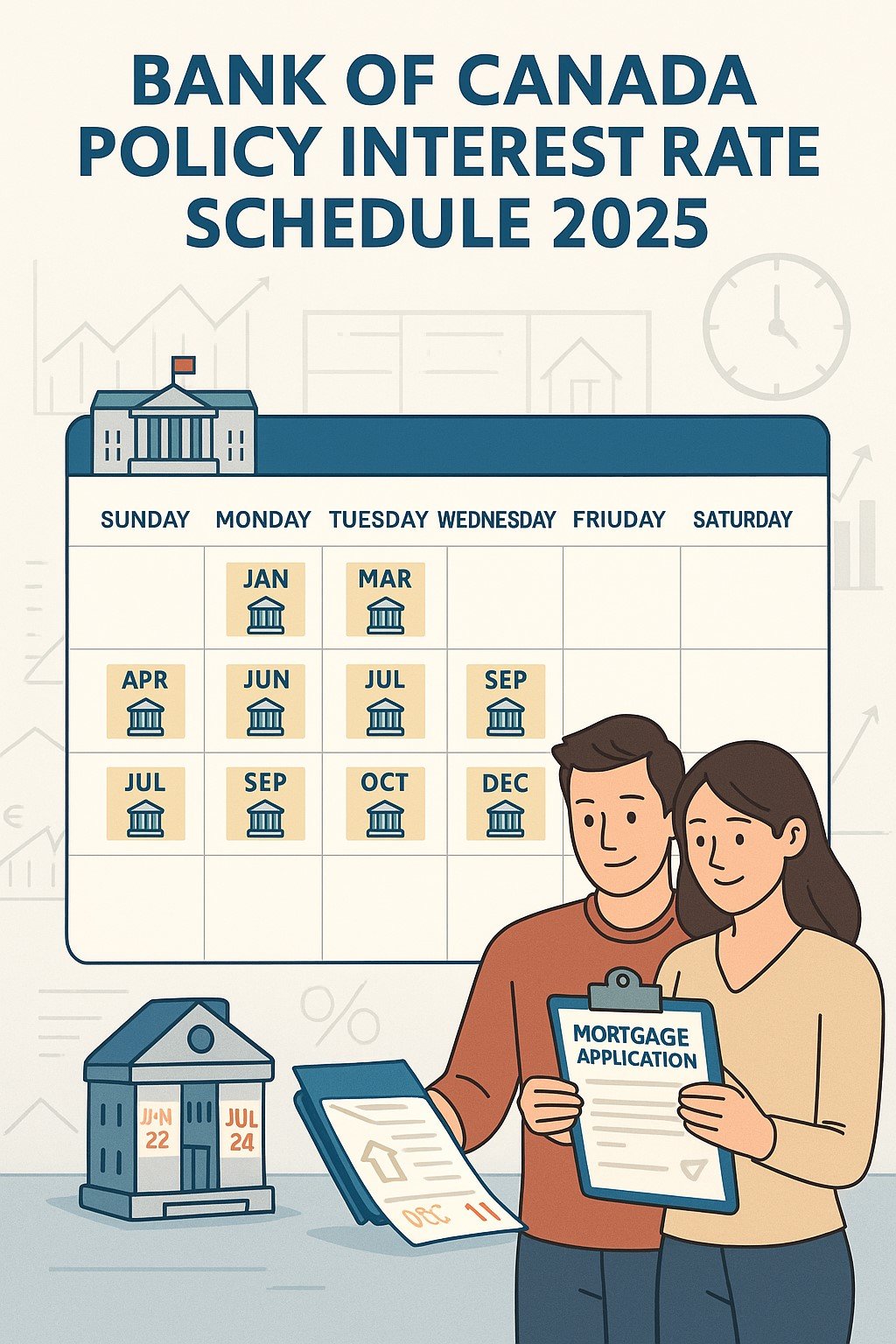 “Illustration of Bank of Canada rate announcement calendar for 2025 with homebuyers reviewing mortgage plans”