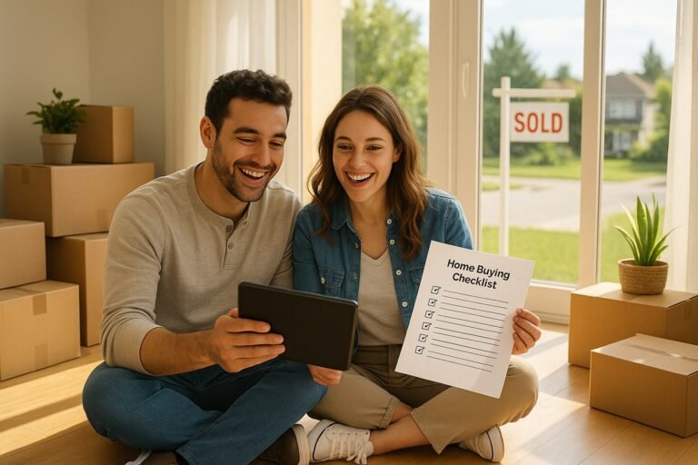 Young couple sitting on floor with moving boxes, holding a tablet and a checklist in their new home with a 'Sold' sign visible through the window.