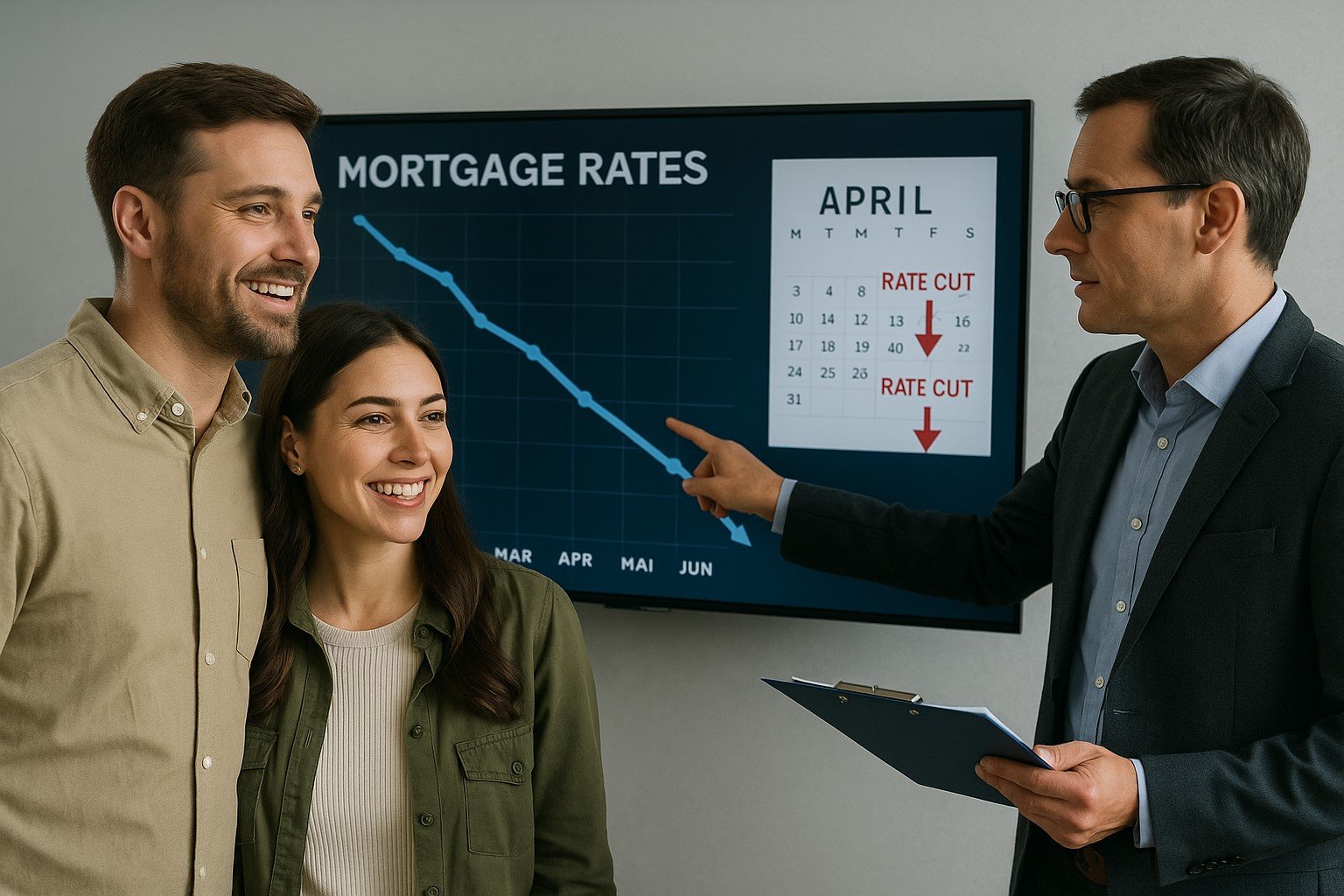 “A financial analyst highlights a downward trend on a mortgage rate chart, with a calendar showing expected rate cuts and a happy Canadian homebuyer couple in the foreground.”
