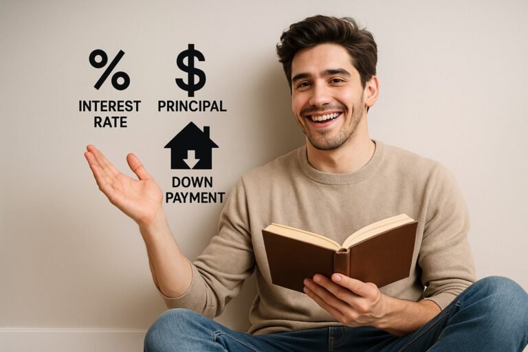 Smiling man holding a book with floating mortgage terms like Interest Rate, Principal, and Down Payment on a neutral background.