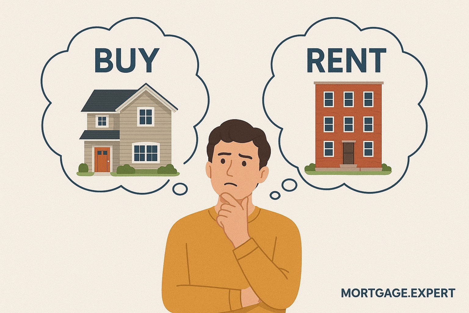 Confused man thinking between buying a house and renting an apartment in Toronto
