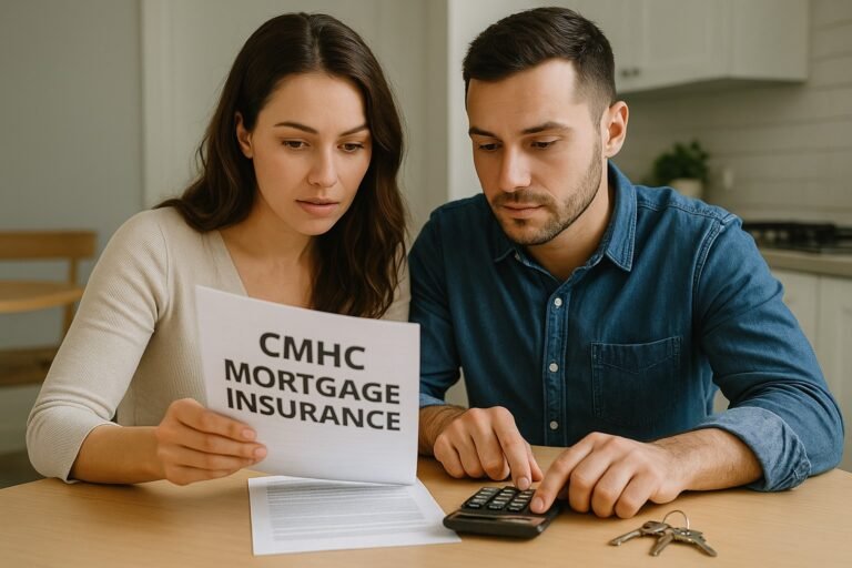 A young Canadian couple sitting at a table with mortgage insurance paperwork, a calculator, and house keys, discussing home buying costs for 2025.
