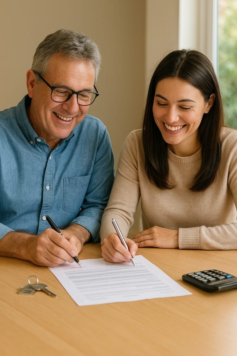 Canadian parent and adult child sitting together at a table, co-signing mortgage paperwork with keys and documents, symbolizing shared responsibility in home buying.