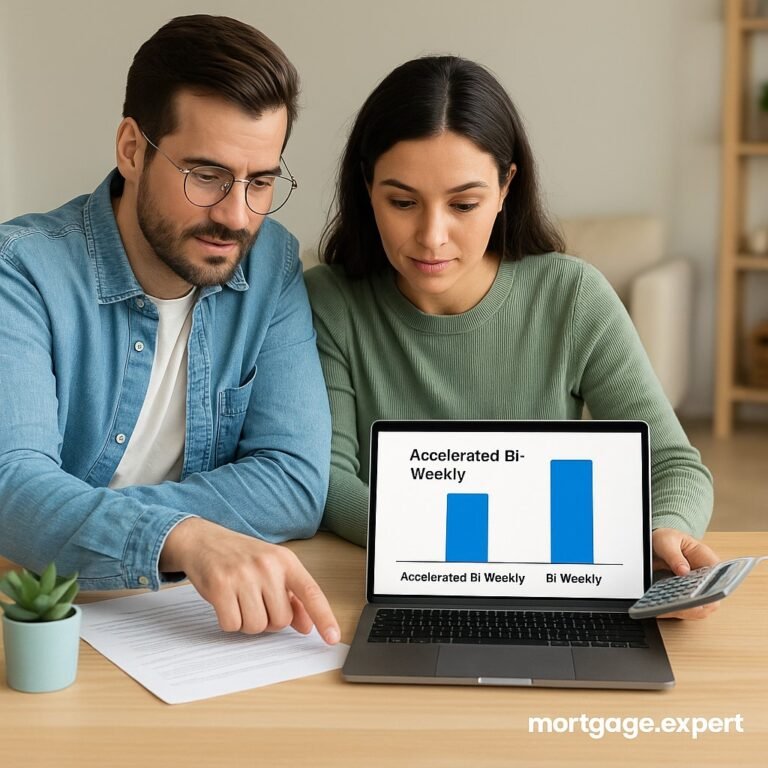 Canadian couple reviewing mortgage payment options on a laptop with a calculator and documents, comparing bi-weekly and accelerated bi-weekly schedules.