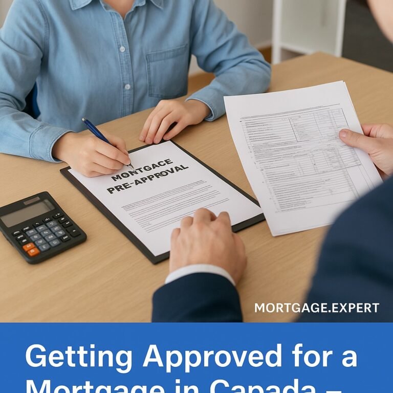 Canadian mortgage applicant reviewing documents with a financial advisor, showing paperwork, calculator, and pre-approval form during the mortgage approval process in 2025.