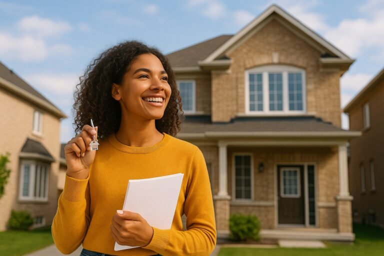 Smiling woman in yellow sweater holding house key and papers, standing outside a brick suburban home with lawn and clear sky.