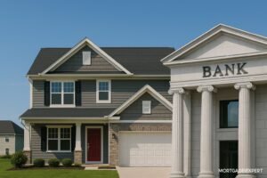 Canadian home next to a classical bank building representing first-time buyer loan support