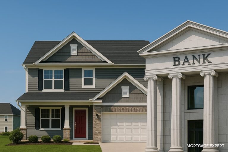 Canadian home next to a classical bank building representing first-time buyer loan support