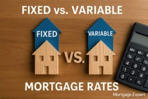Two wooden houses with arrows labeled “Fixed” and “Variable” beside a calculator, representing mortgage rate choices in Canada