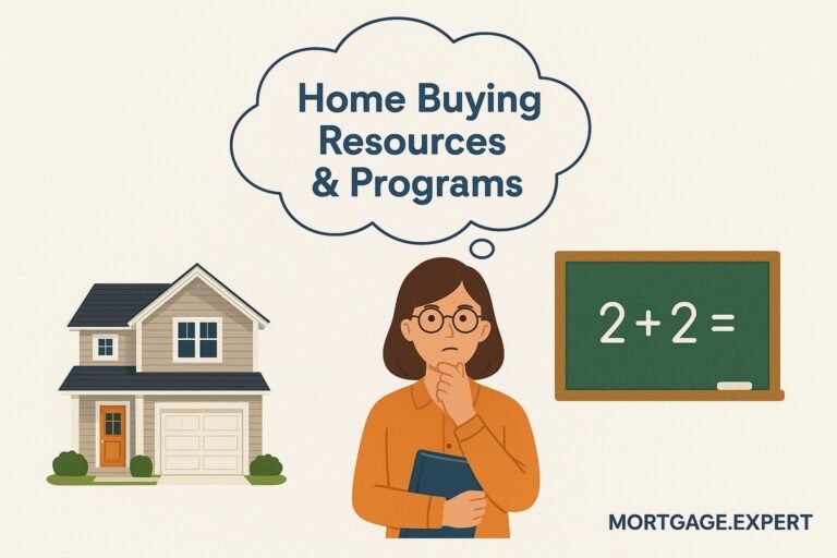 Illustration of a Canadian teacher thinking with “Home Buying Resources & Programs” in a cloud above, showing a home and chalkboard