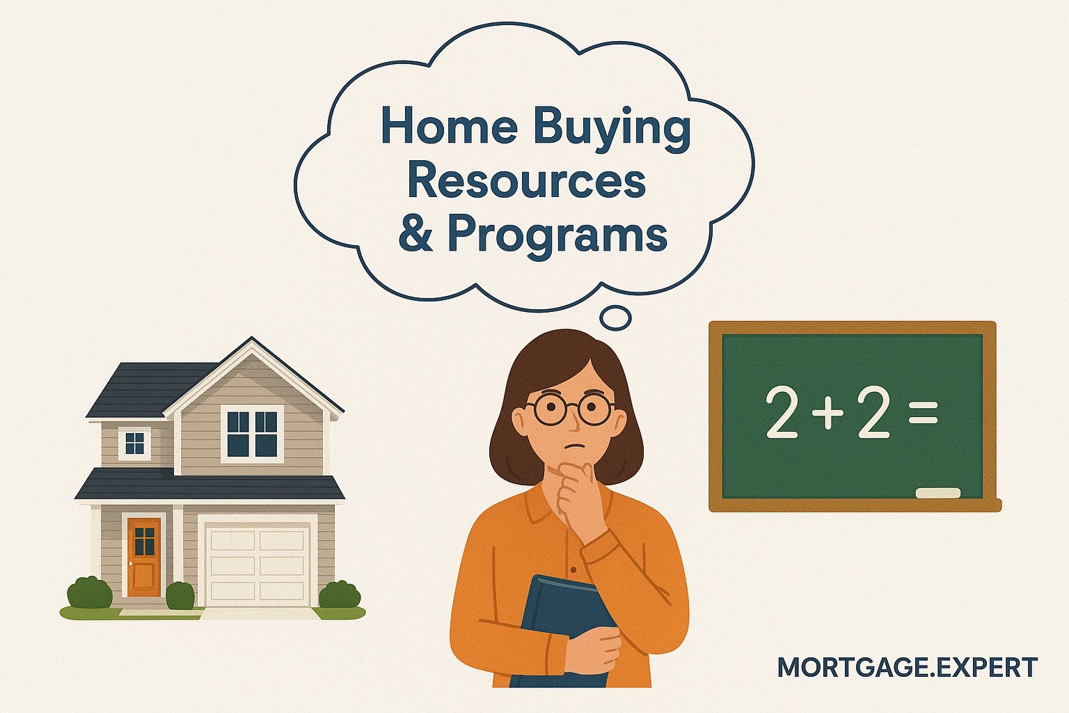 Illustration of a Canadian teacher thinking with “Home Buying Resources & Programs” in a cloud above, showing a home and chalkboard