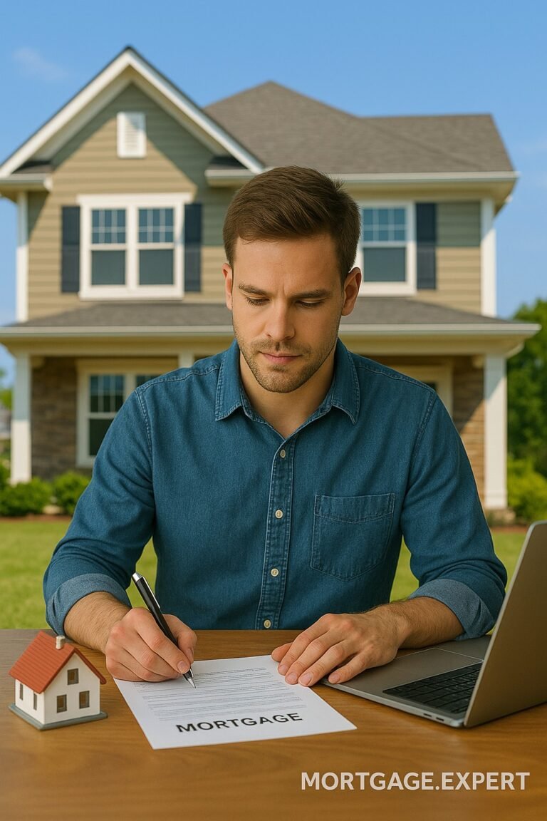 Young man reviewing mortgage paperwork outside his new Canadian home with a laptop and house model