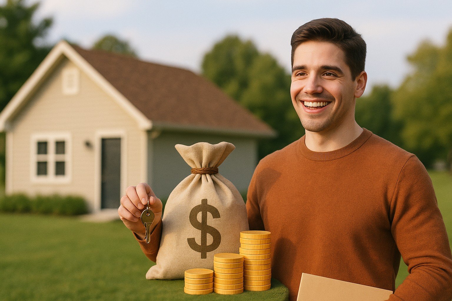 Young man standing on lawn with keys and money bag beside a suburban house, symbolizing down payment for a home in Canada