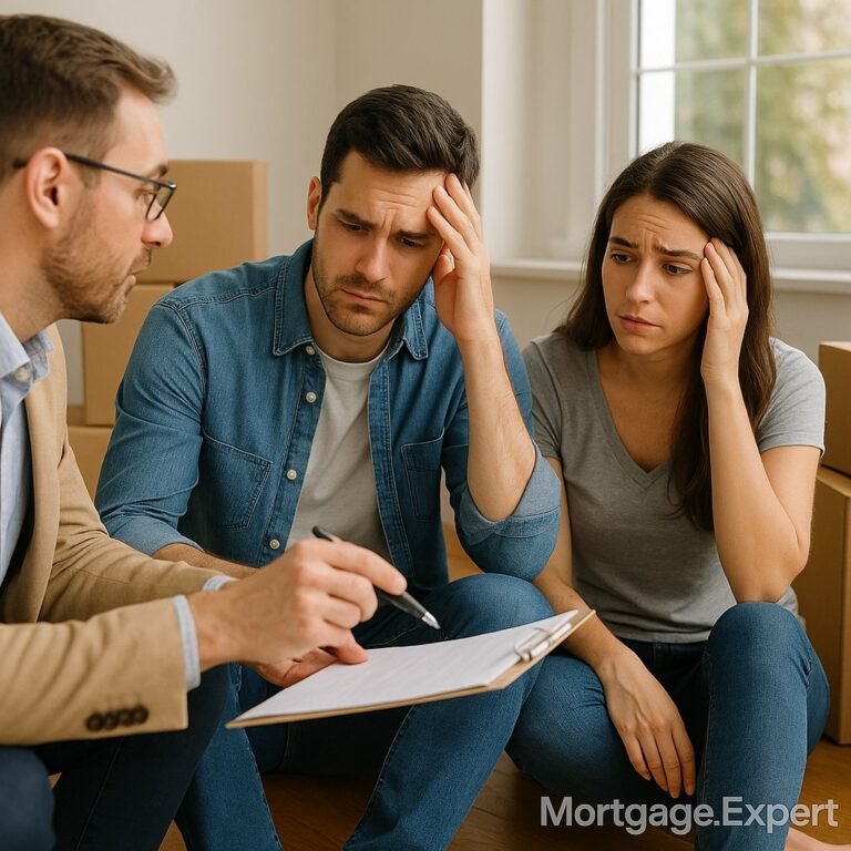 Young couple sitting on floor with concerned expressions, surrounded by boxes, reviewing documents after making common homebuying mistakes.