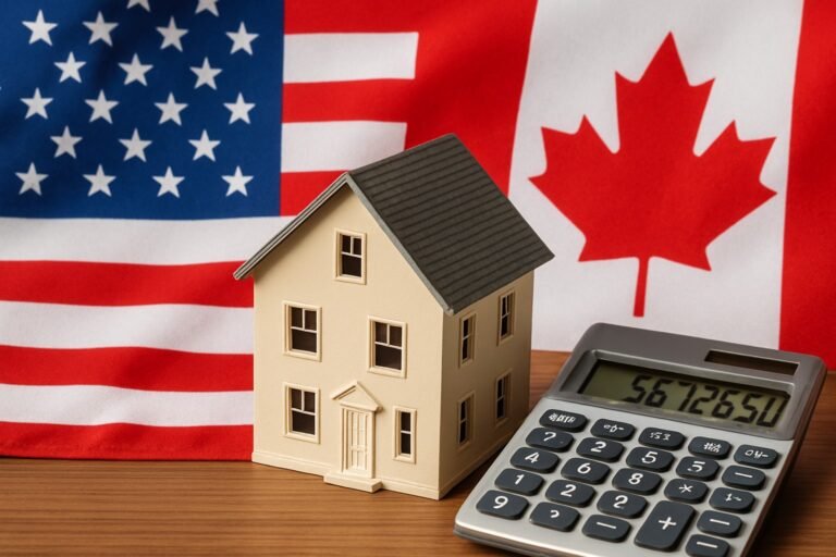 Model house and calculator placed in front of US and Canadian flags, symbolizing cross-border economic influence on Canadian mortgage rates