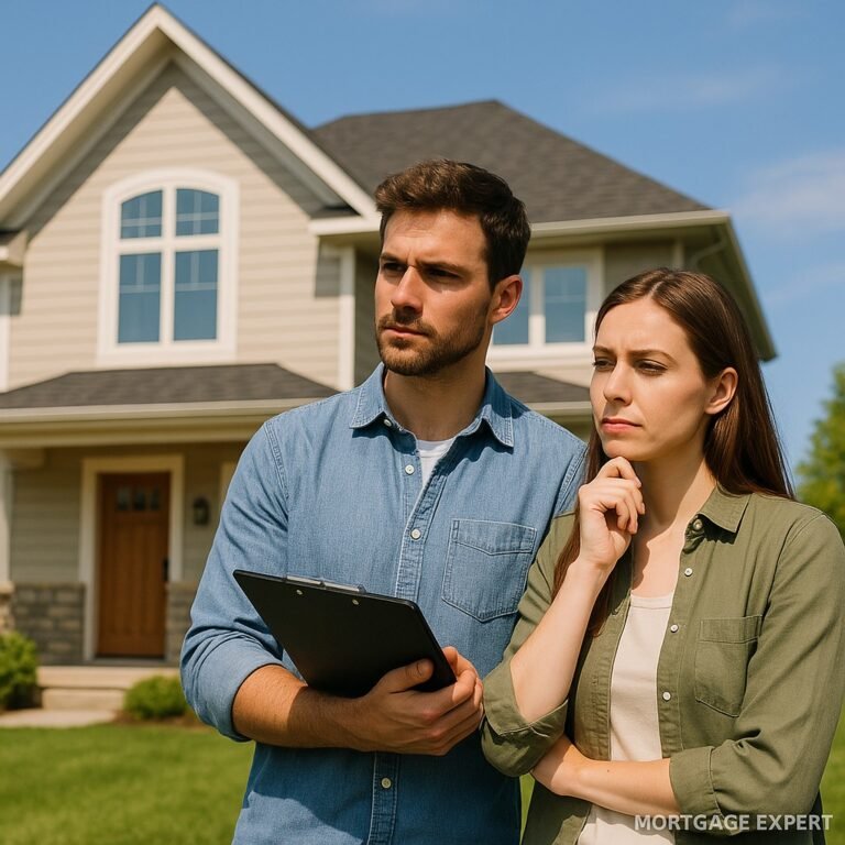 Thoughtful young couple standing outside a modern Canadian home on a sunny day, evaluating with clipboard