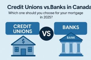 Realistic image showing a Canadian homebuyer standing between a traditional bank building and a credit union, representing the mortgage choice between banks and credit unions in 2025.