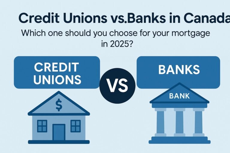 Realistic image showing a Canadian homebuyer standing between a traditional bank building and a credit union, representing the mortgage choice between banks and credit unions in 2025.