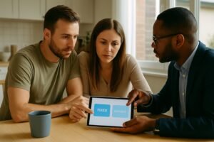 “Canadian couple reviewing fixed vs. variable mortgage rate options with an advisor at home.”