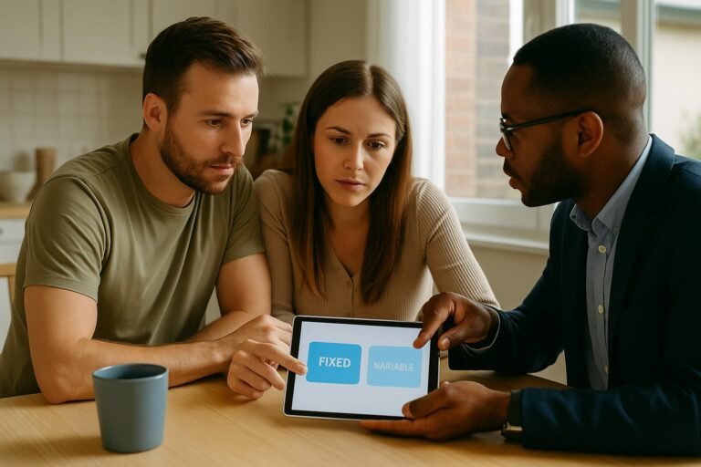 “Canadian couple reviewing fixed vs. variable mortgage rate options with an advisor at home.”