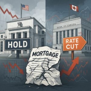 Split image of U.S. Fed holding rates while Bank of Canada cuts, illustrating pressure on Canadian mortgage market