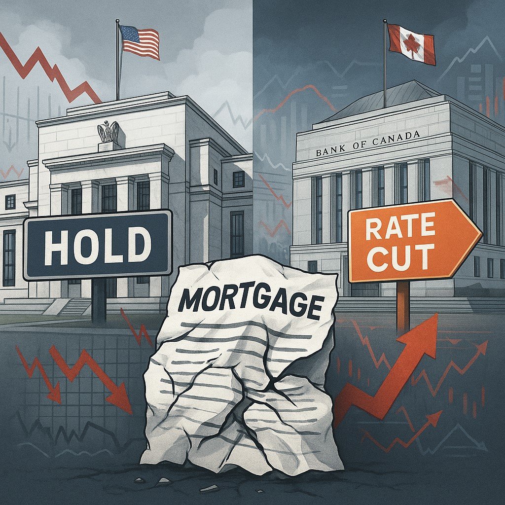 Split image of U.S. Fed holding rates while Bank of Canada cuts, illustrating pressure on Canadian mortgage market