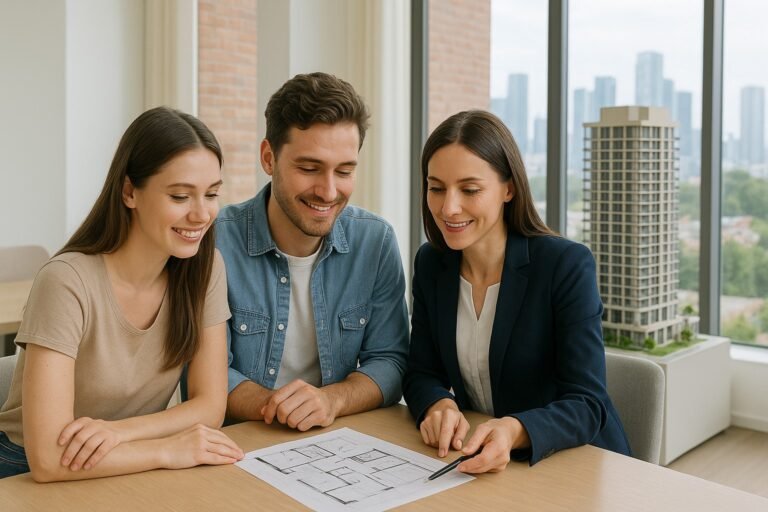 Couple planning condo purchase with real estate agent in modern office with city view