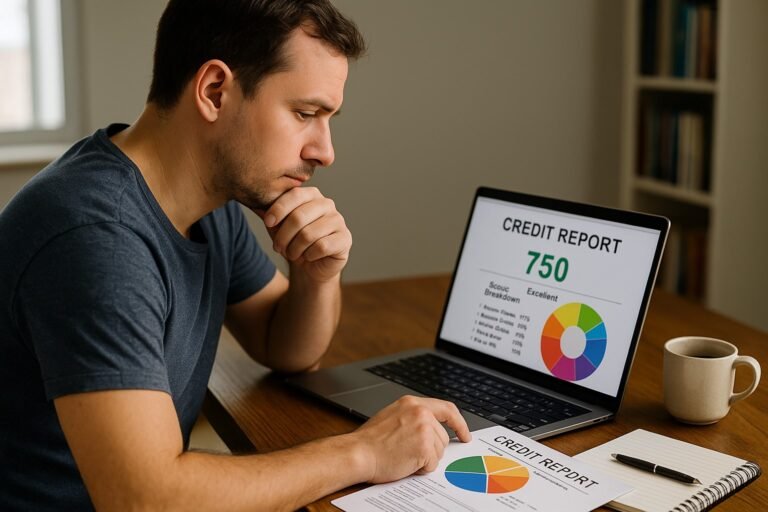 Person reviewing credit report and score breakdown on laptop