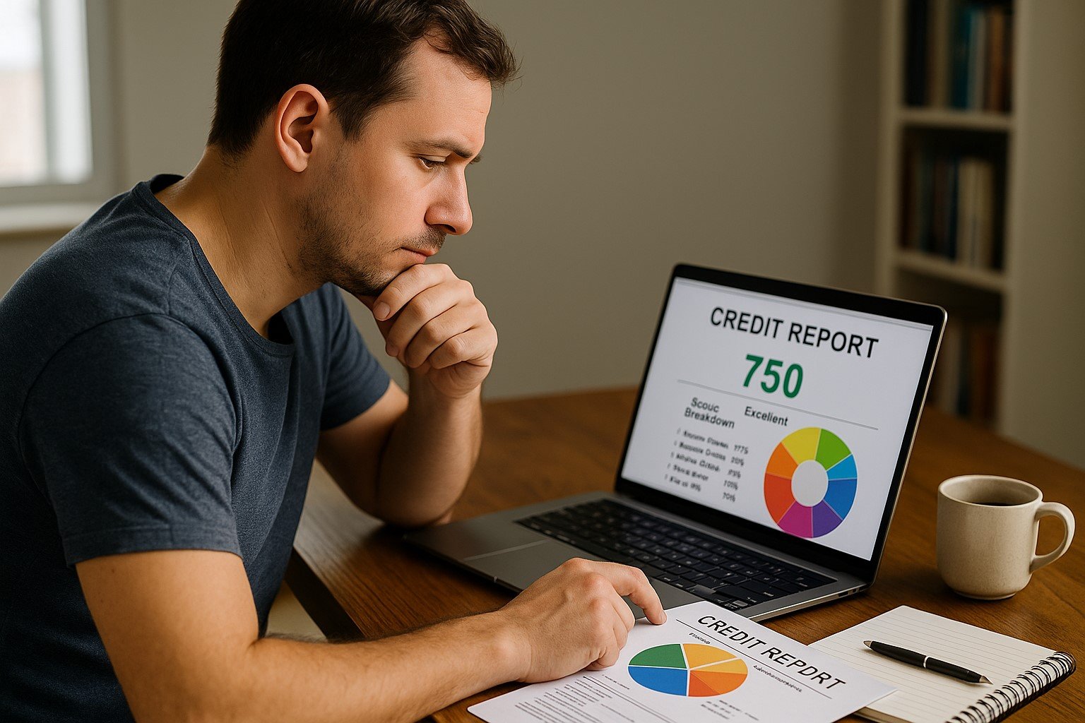 Person reviewing credit report and score breakdown on laptop