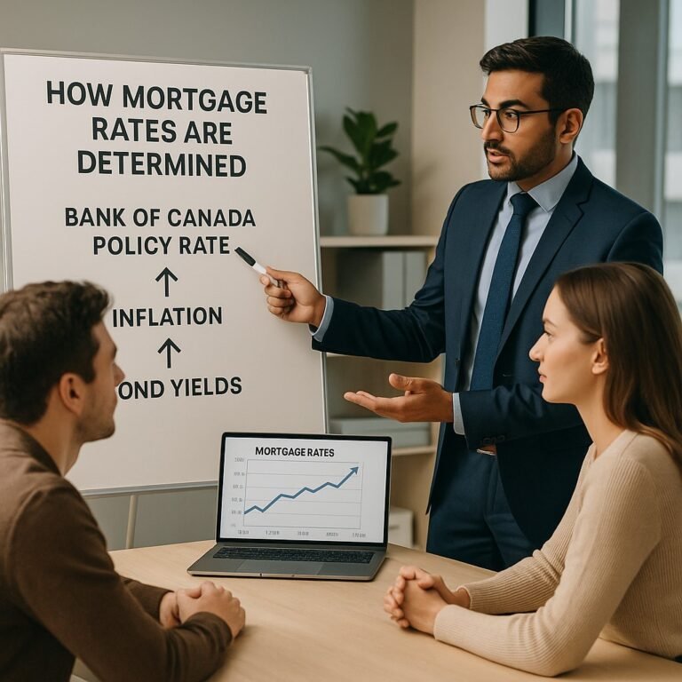 “Canadian couple learning how mortgage rates are calculated — advisor using whiteboard to explain BoC influence, bond yields, and lender margins.”