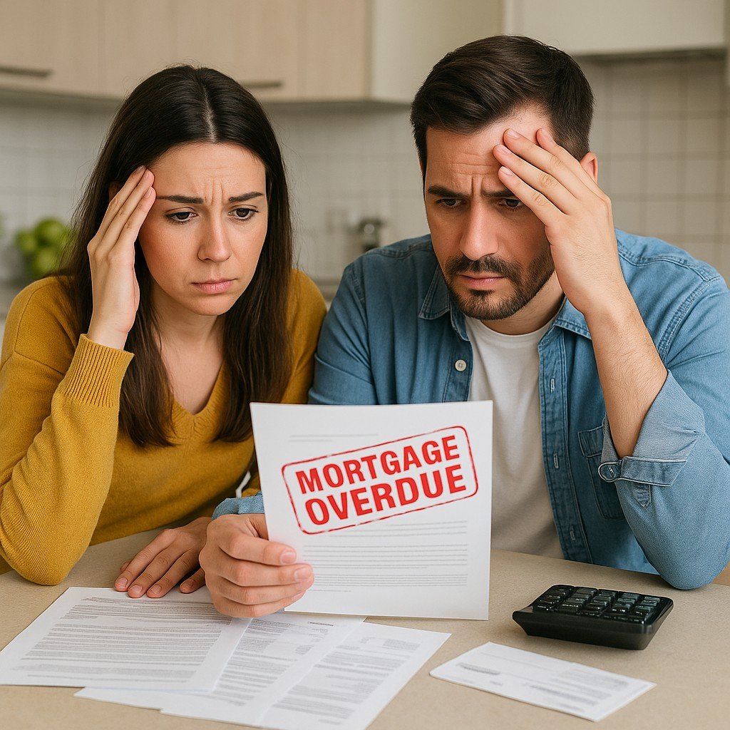 A worried homeowner stands beneath a cartoon house weighed down by a giant downward-pointing Canadian dollar arrow, illustrating the burden of a missed mortgage payment in Canada.
