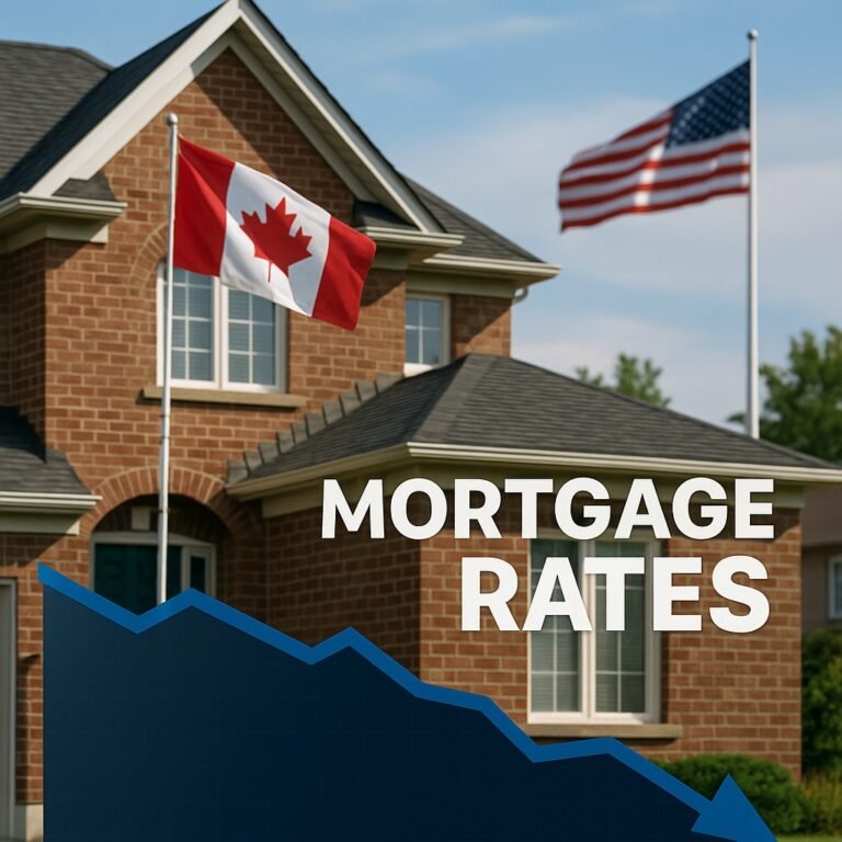 A Canadian suburban home with a visible mortgage rate chart showing a slight downward trend, and an American flag waving subtly in the skyline — representing U.S. influence on Canadian mortgage rates.