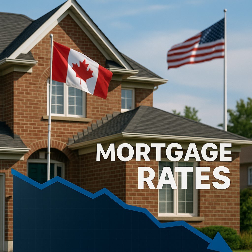 A Canadian suburban home with a visible mortgage rate chart showing a slight downward trend, and an American flag waving subtly in the skyline — representing U.S. influence on Canadian mortgage rates.